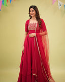RED DESIGNER FANCY CRUSH SILK EMBROIDERED GOWN WITH DUPATTA