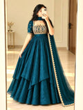 BLUE DESIGNER FANCY CRUSH SILK EMBROIDERED GOWN WITH DUPATTA