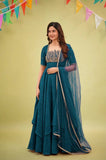 BLUE DESIGNER FANCY CRUSH SILK EMBROIDERED GOWN WITH DUPATTA