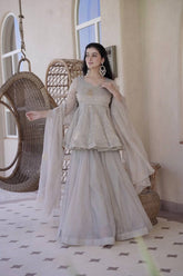 Foil Print Tabby Silk Kurta Set with Palazzo & Dupatta