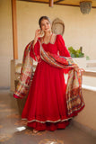 Mirror Lace Embellished Tabby Silk Anarkali Set with Palazzo & Digital Print Dupatta