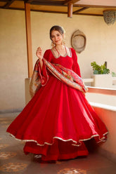 Mirror Lace Embellished Tabby Silk Anarkali Set with Palazzo & Digital Print Dupatta