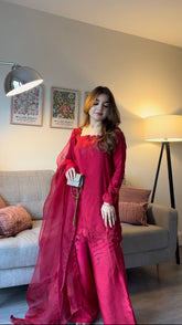 Roman Fabric Kurta Set with Palazzo & Organza Dupatta