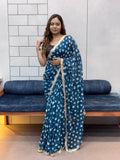 Teal Blue Bandhani Georgette Saree with Designer embroidery Lace Border & Running Blouse