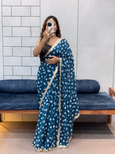 Teal Blue Bandhani Georgette Saree with Designer embroidery Lace Border & Running Blouse