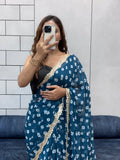 Teal Blue Bandhani Georgette Saree with Designer embroidery Lace Border & Running Blouse