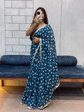 Teal Blue Bandhani Georgette Saree with Designer embroidery Lace Border & Running Blouse