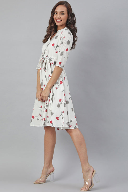 White Cotton Floral Print Flared Western Dress