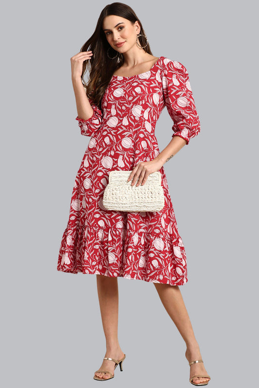 Red Cotton Floral A-Line Western Dress