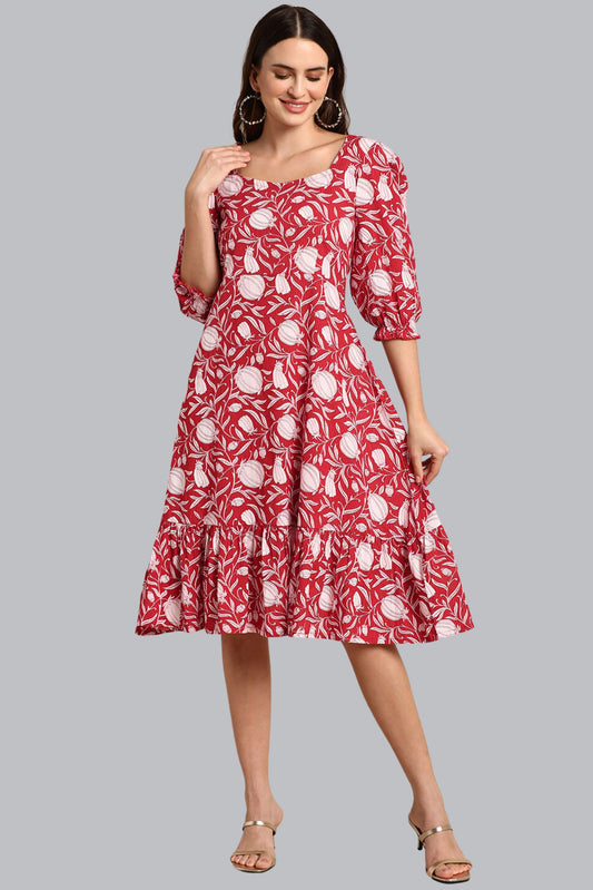 Red Cotton Floral A-Line Western Dress