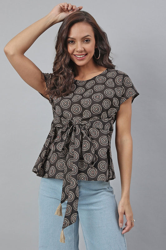 Black Cotton Floral Print Top