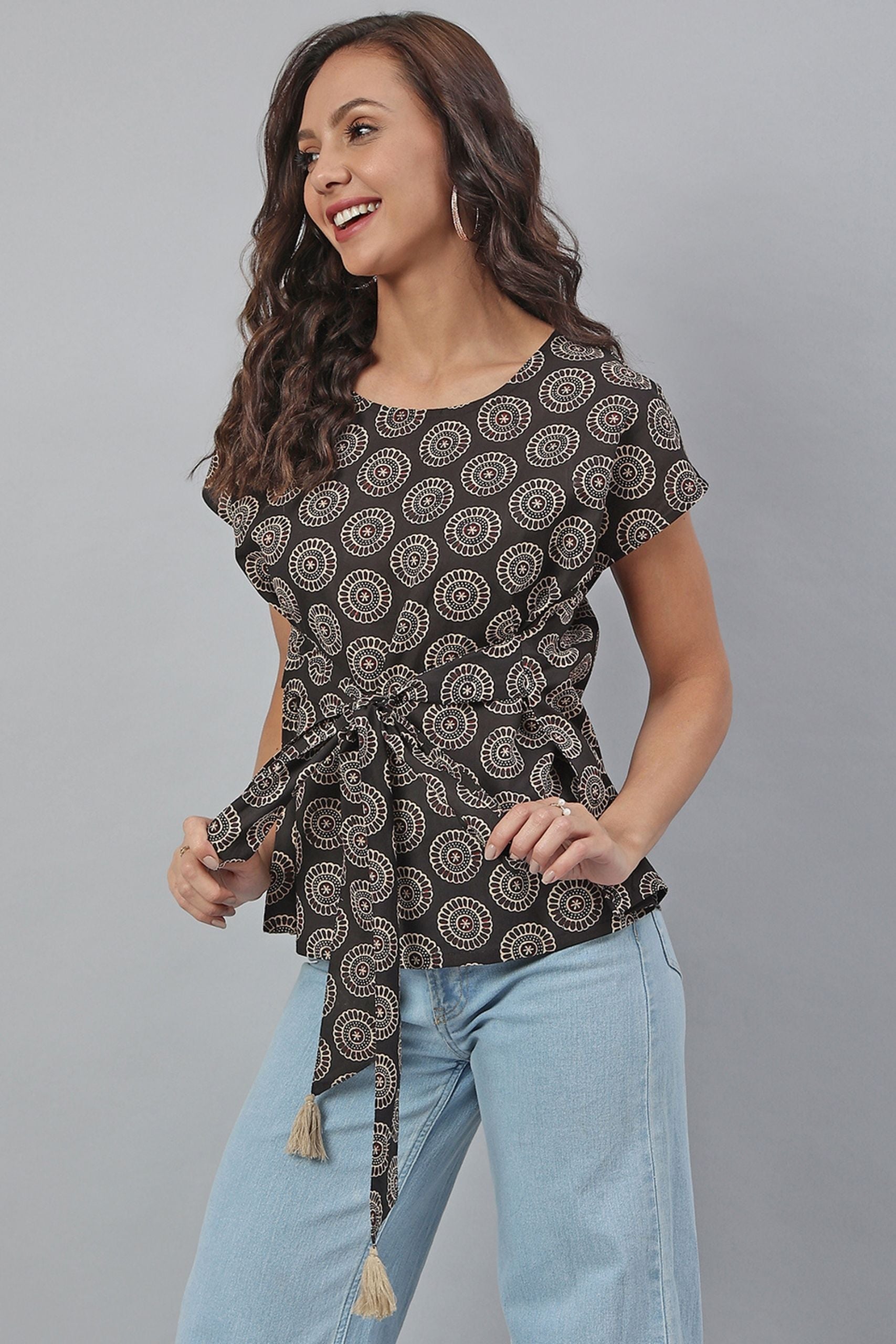 Black Cotton Floral Print Top