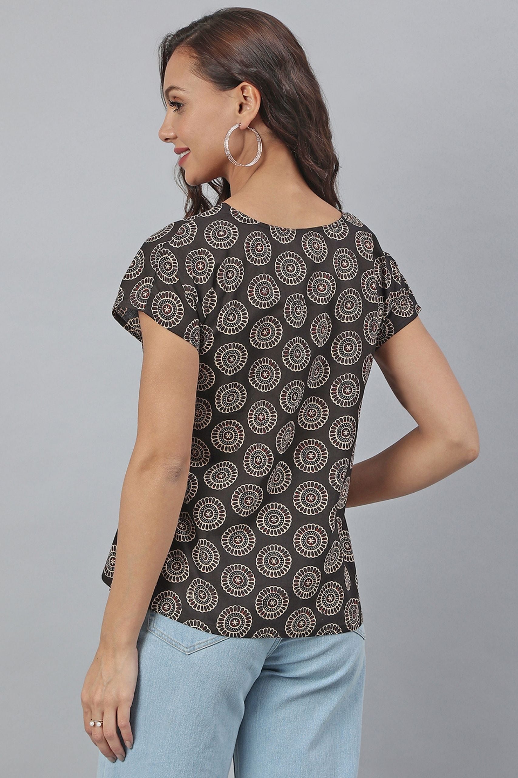 Black Cotton Floral Print Top