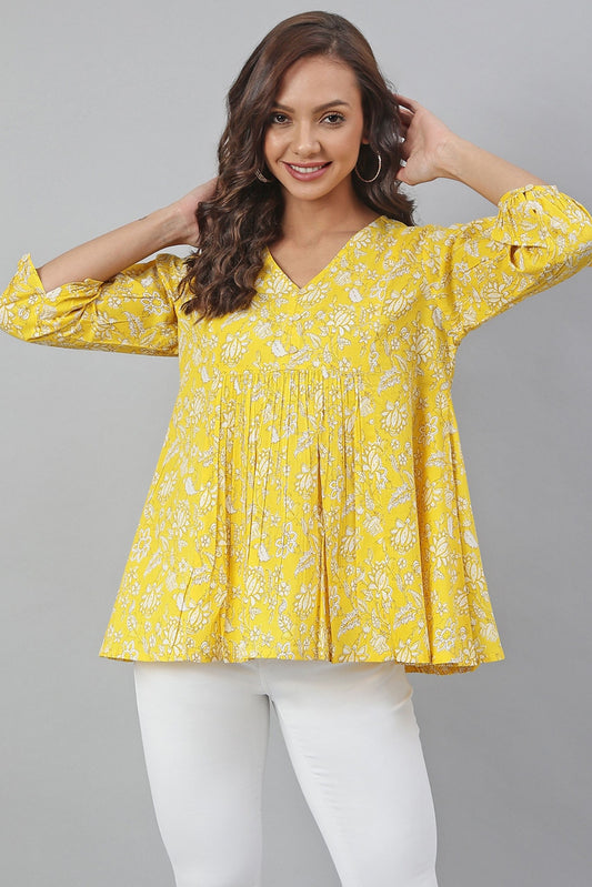 Yellow Cotton Floral Print Casual Puff Sleeve