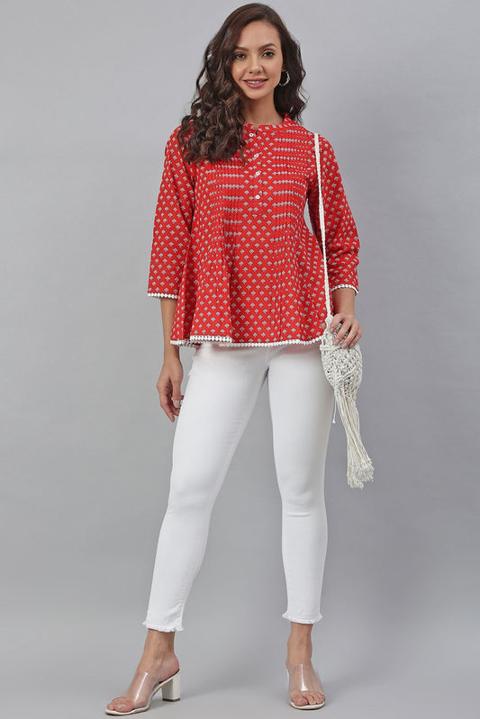 Red Cotton Schiffli Regular Top