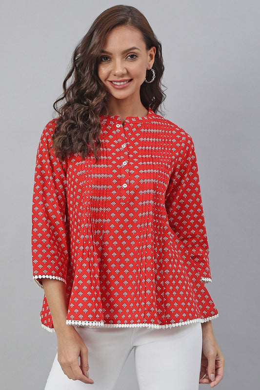 Red Cotton Schiffli Regular Top