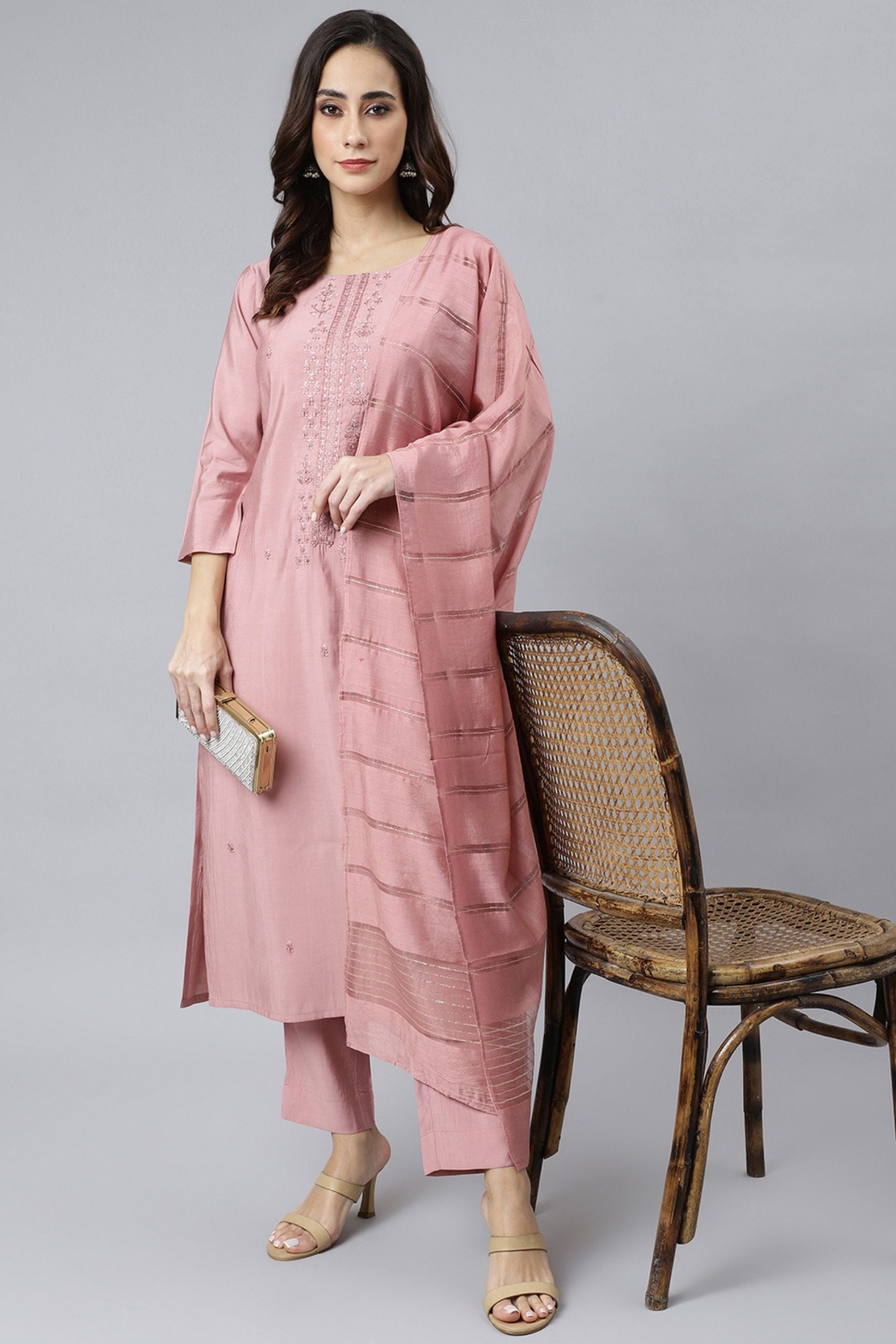 3 Piece Light Pink Silk Suit