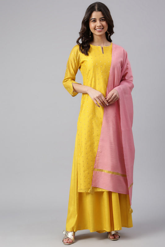 Yellow Chanderi Silk Woven 3 Piece Set