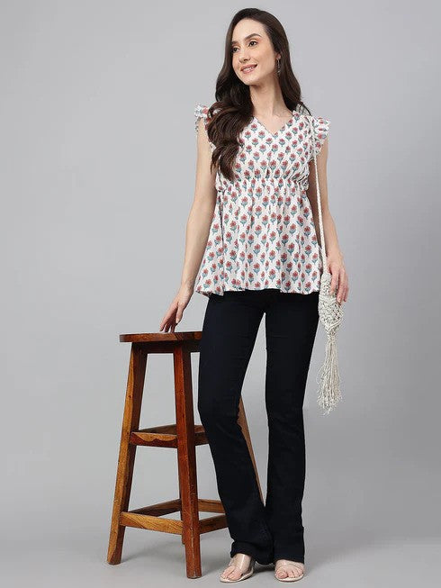 WHITE COTTON FLORAL PRINT FLARED TOP