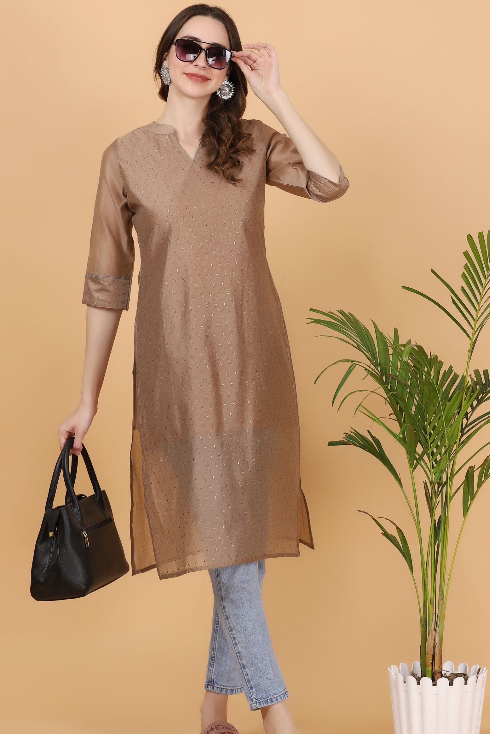 Women's Beige Chanderi kurti