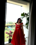 Red Vichitra Silk Handwork Maxi Dress with Beads & Kardana Embroidery Ethnic Party Wear Gown