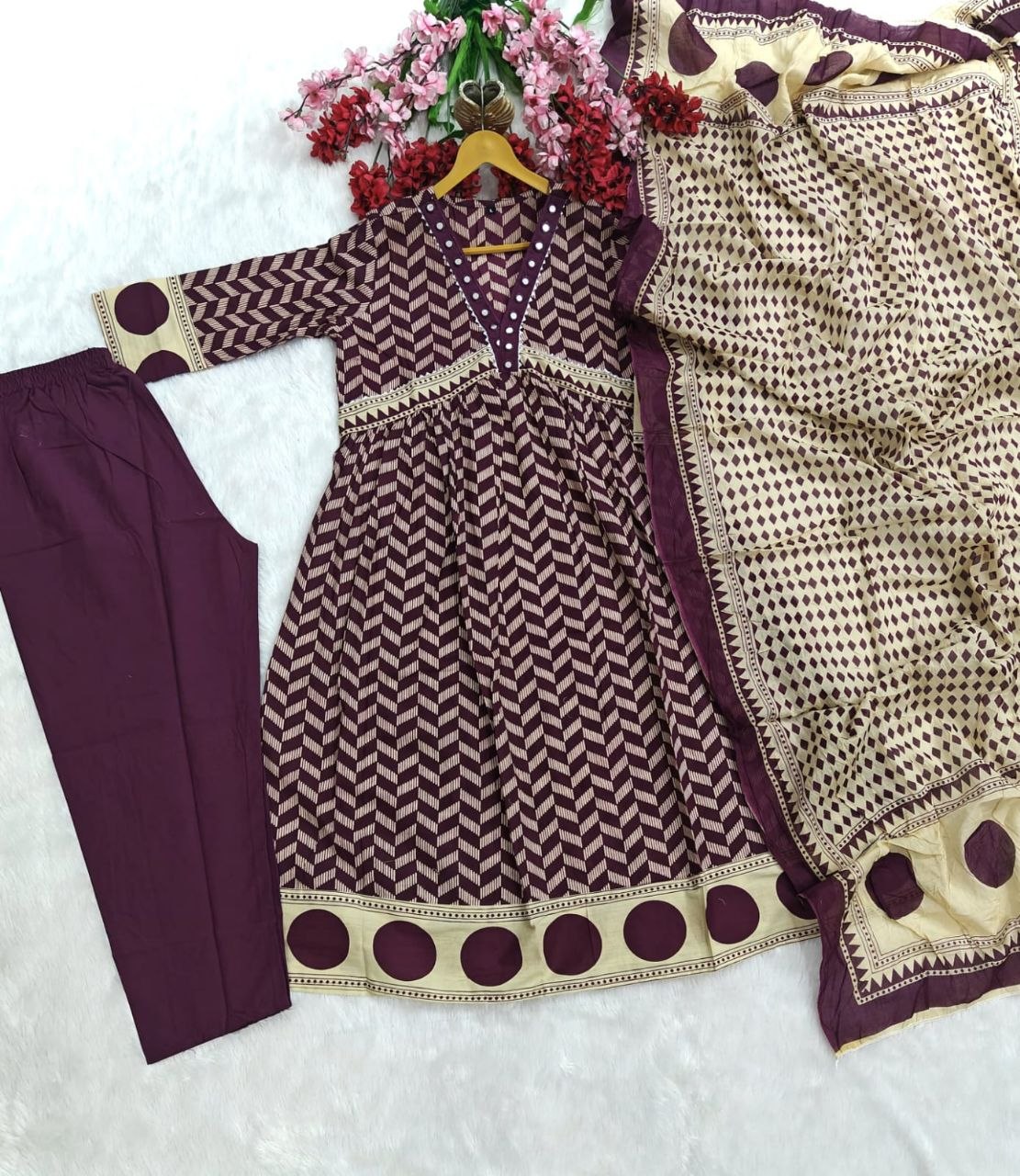 Mirror Embroidered Anarkali Kurti Set—