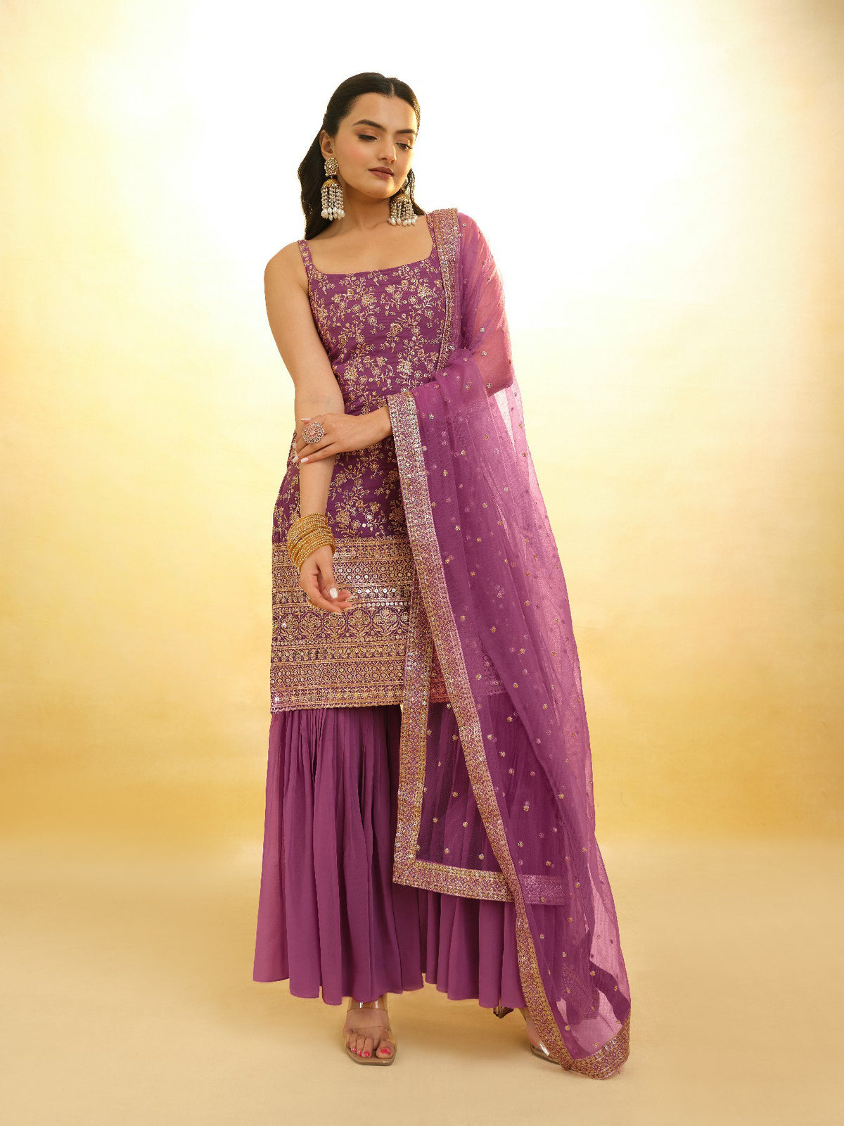 Elegant Premium Georgette Sequin Embroidered Work Sharara Suit Set