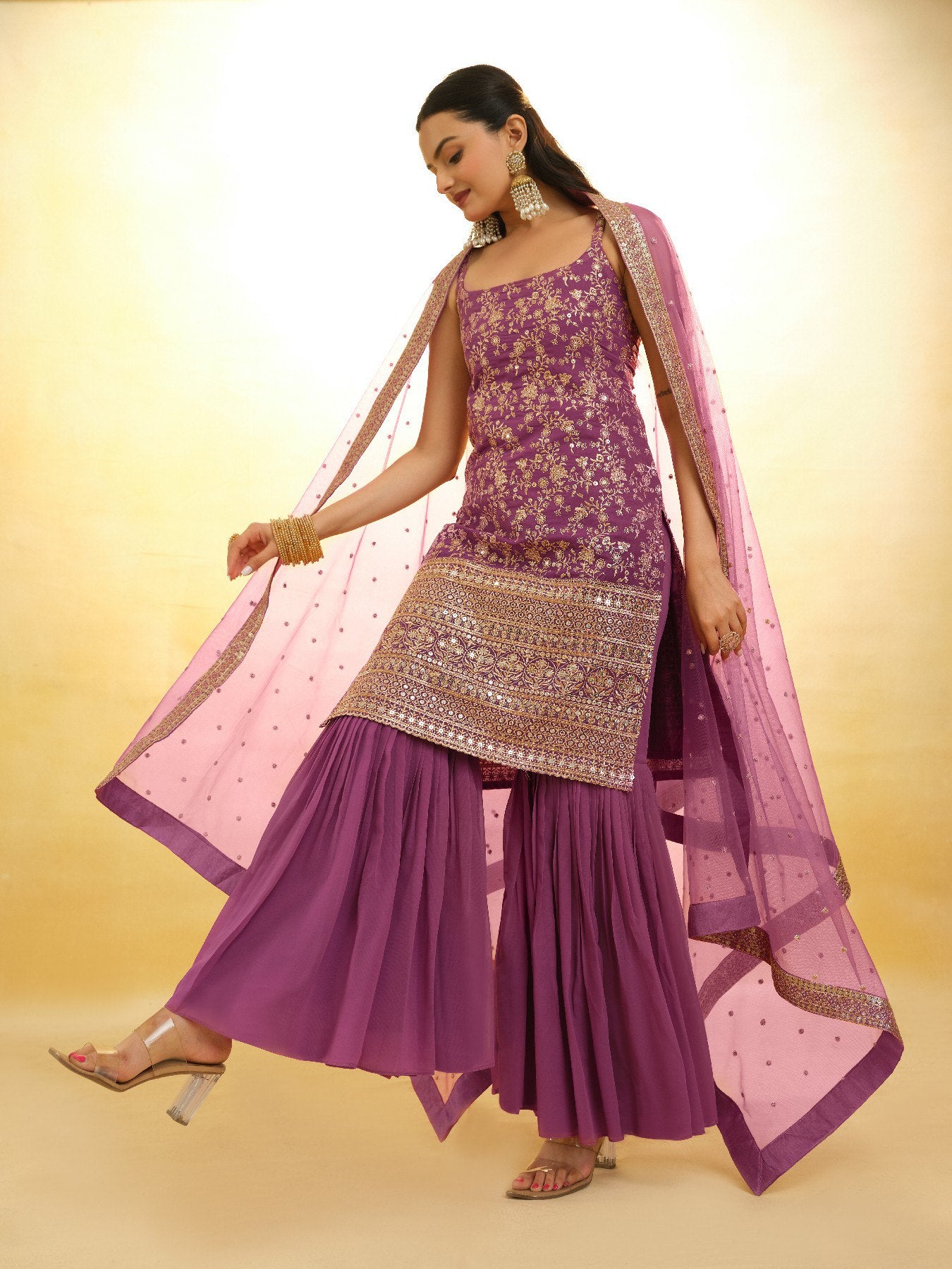 Elegant Premium Georgette Sequin Embroidered Work Sharara Suit Set