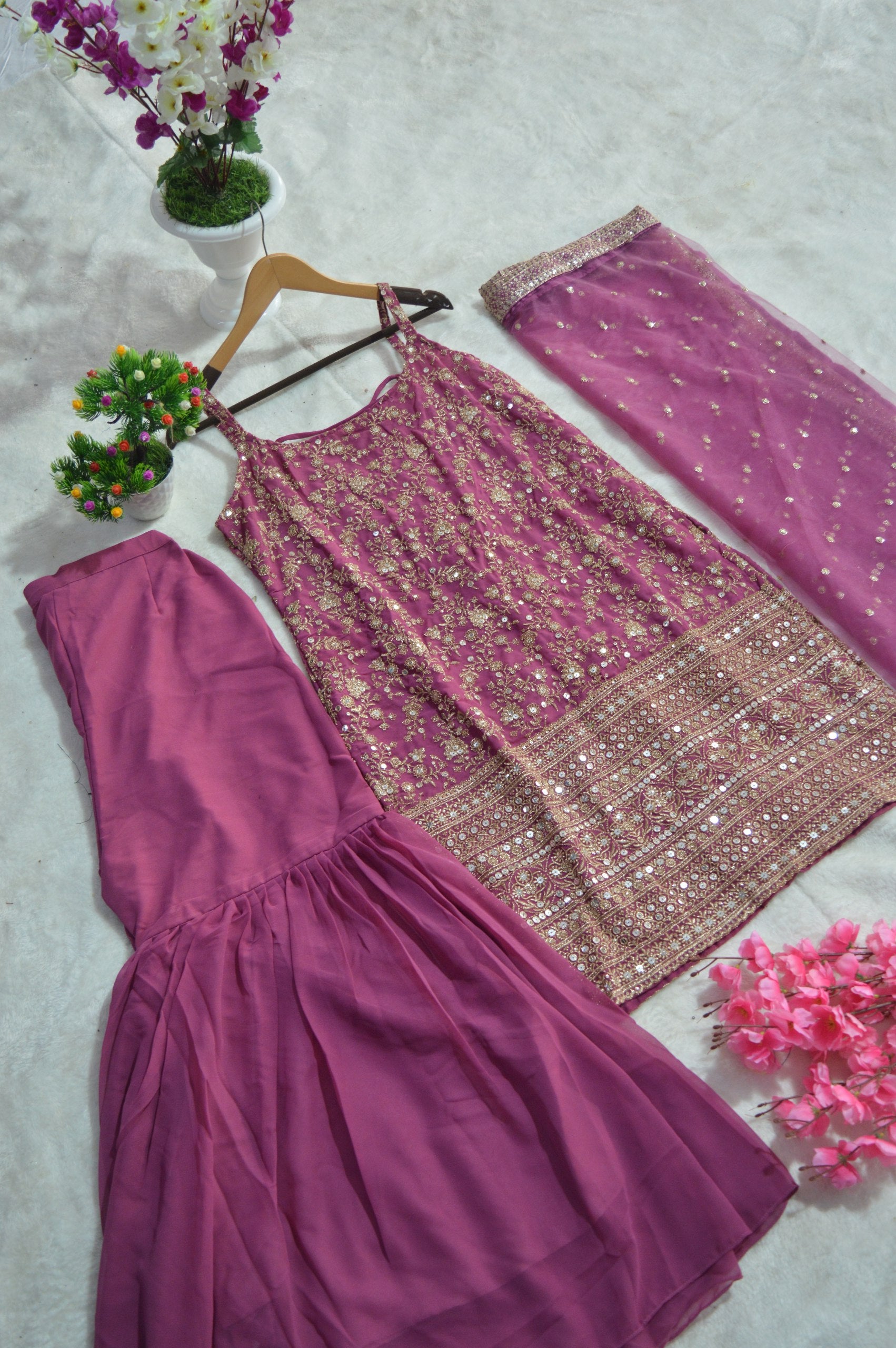 Elegant Premium Georgette Sequin Embroidered Work Sharara Suit Set