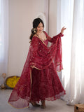 Red bandhni Digital Print Mirror Work Anarkali Set