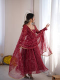 Red bandhni Digital Print Mirror Work Anarkali Set