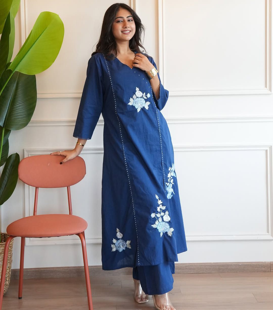 Blue Pure Soft Cotton Flower Dress with Pants