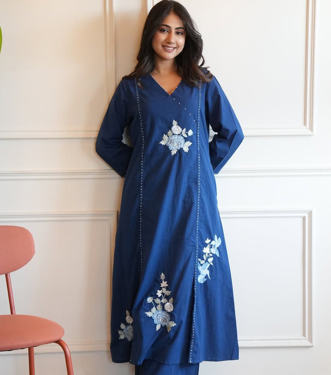 Blue Pure Soft Cotton Flower Dress with Pants