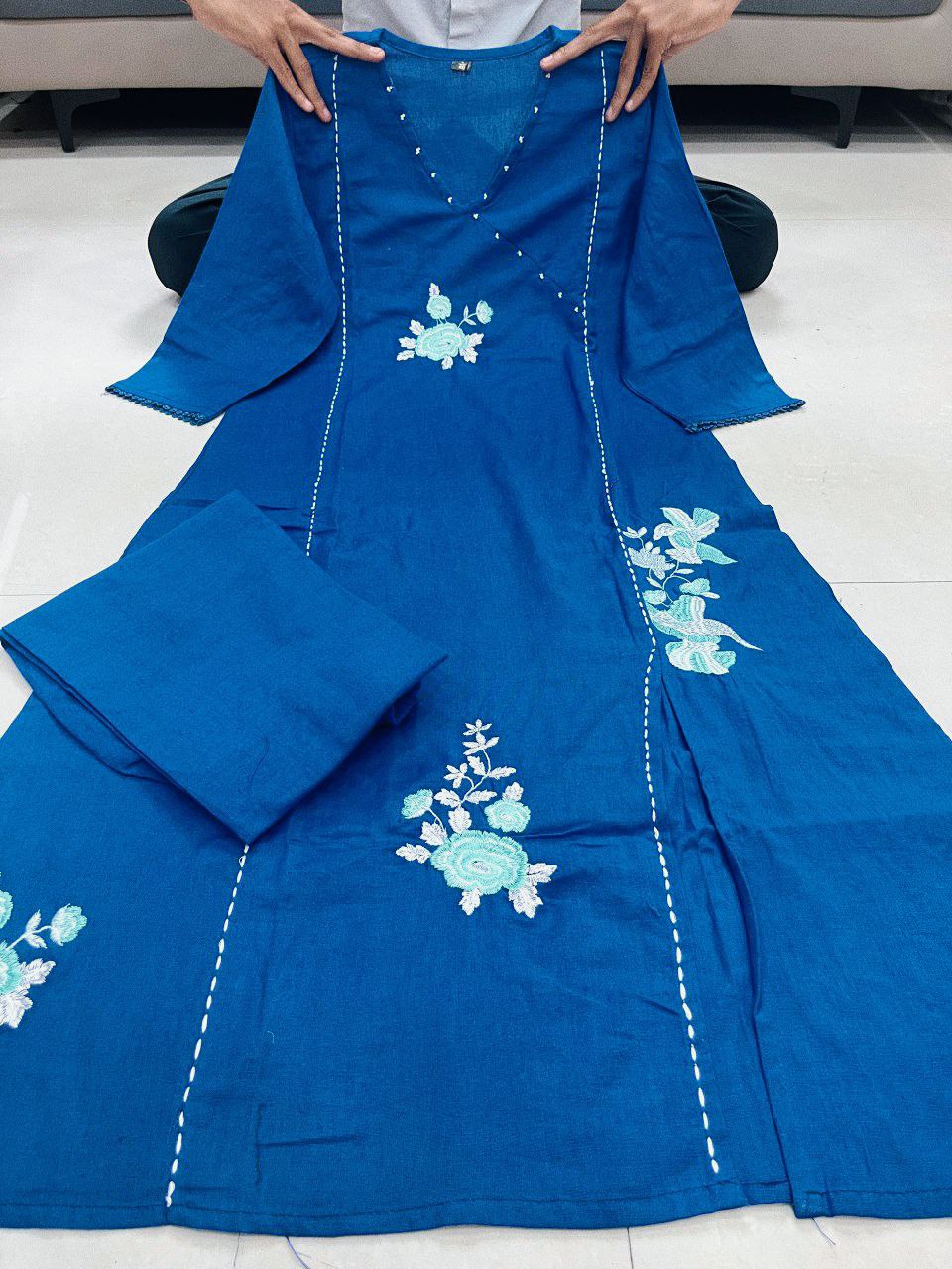 Blue Pure Soft Cotton Flower Dress with Pants