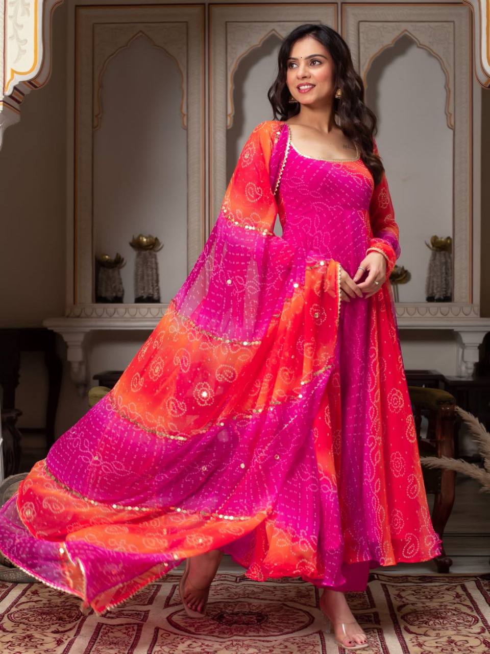 Pink Bandhni 3-Piece Anarkali Set