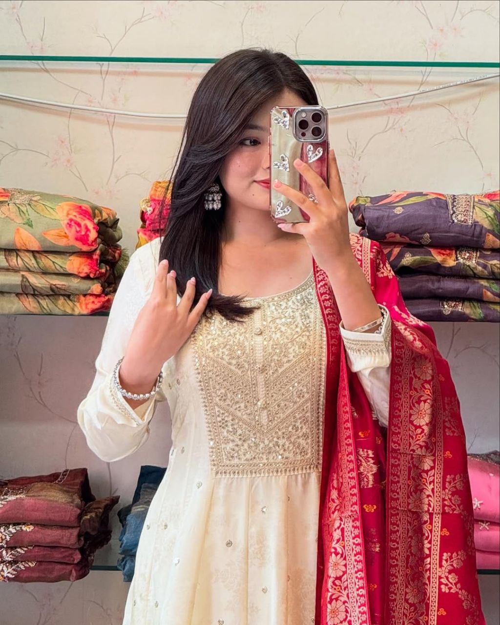 Cream elegance with this regal Anarkali Flared Kurti Set,