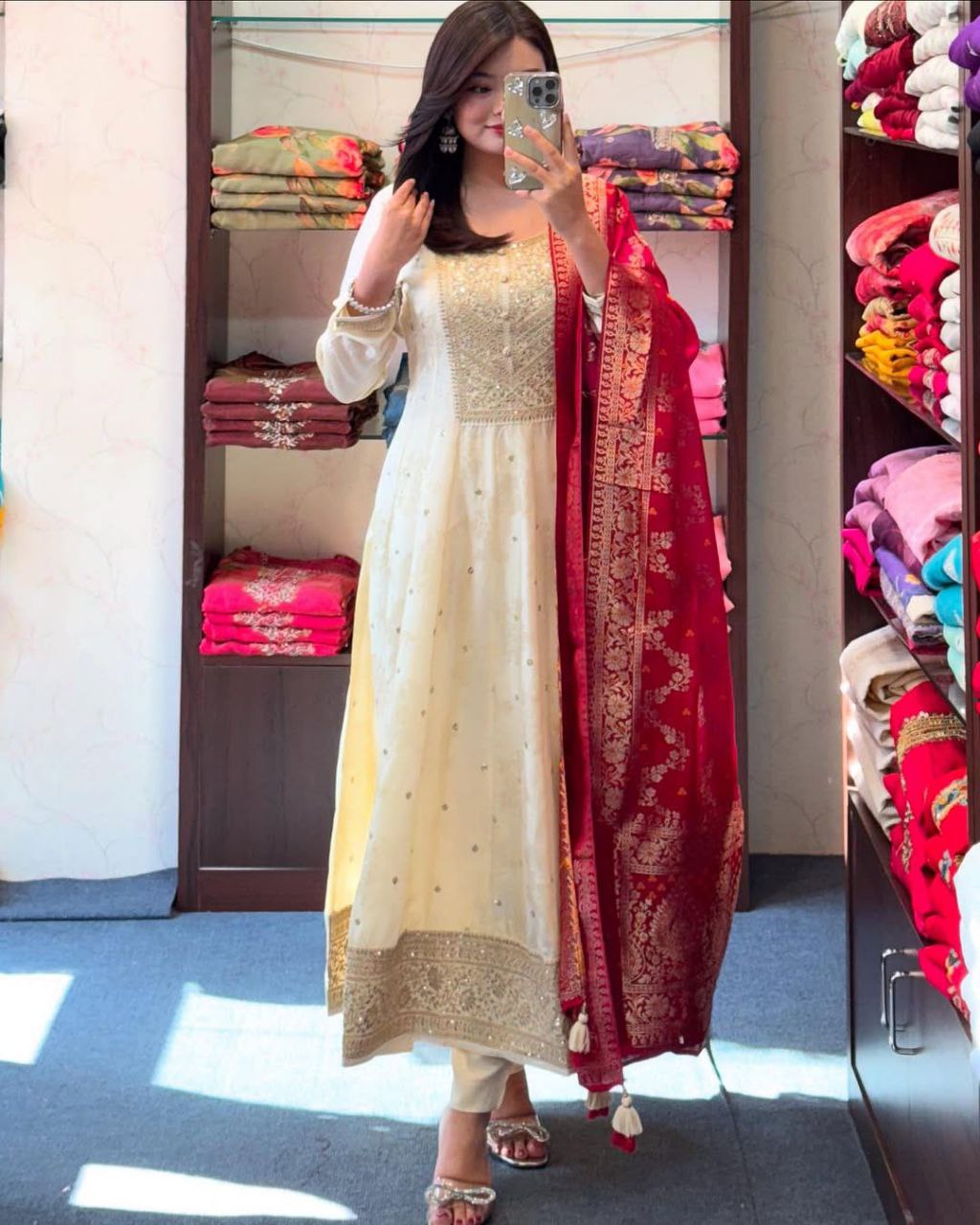 Cream elegance with this regal Anarkali Flared Kurti Set,