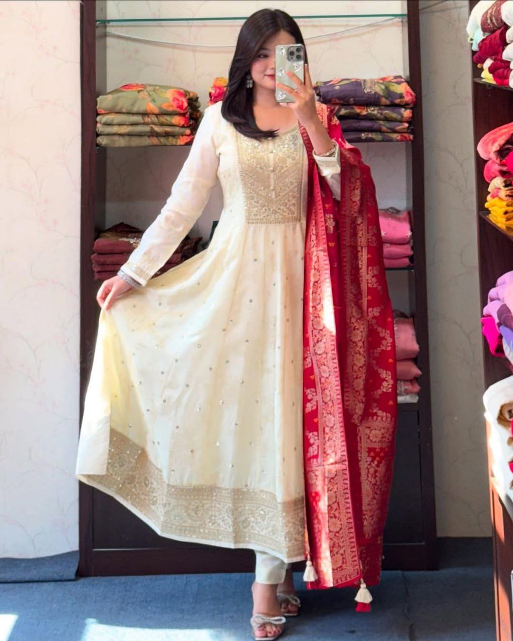 Cream elegance with this regal Anarkali Flared Kurti Set,