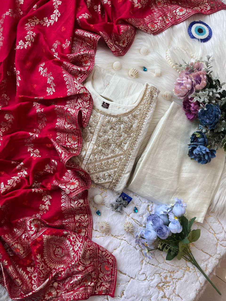 Cream elegance with this regal Anarkali Flared Kurti Set,