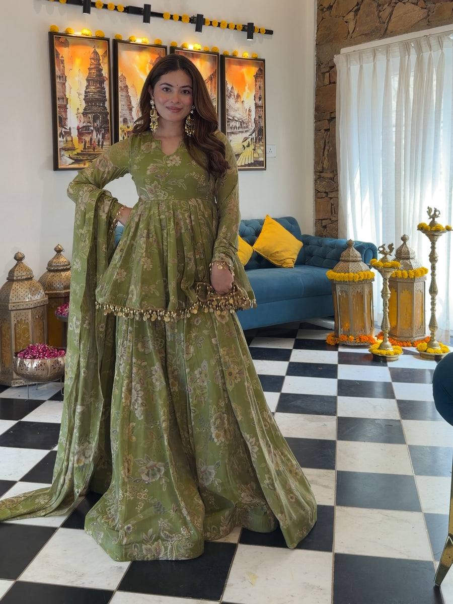 Green Floral  3-Piece Printed Ethnic Set