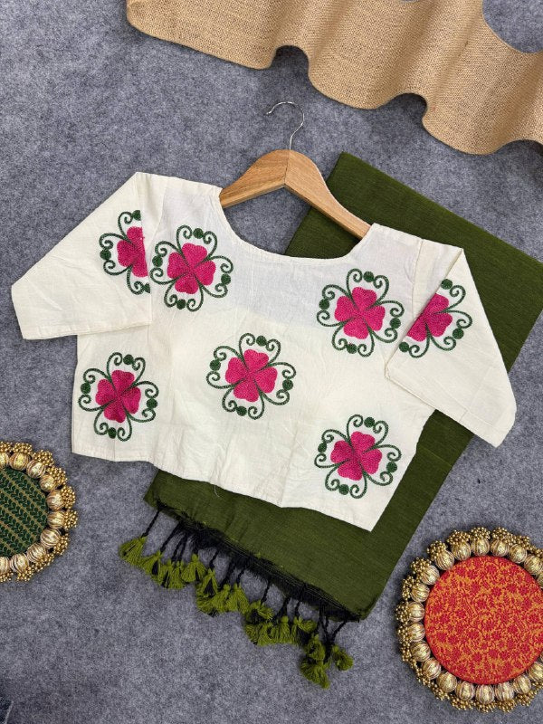 Elegant Khadi saree embroidery blouse Set