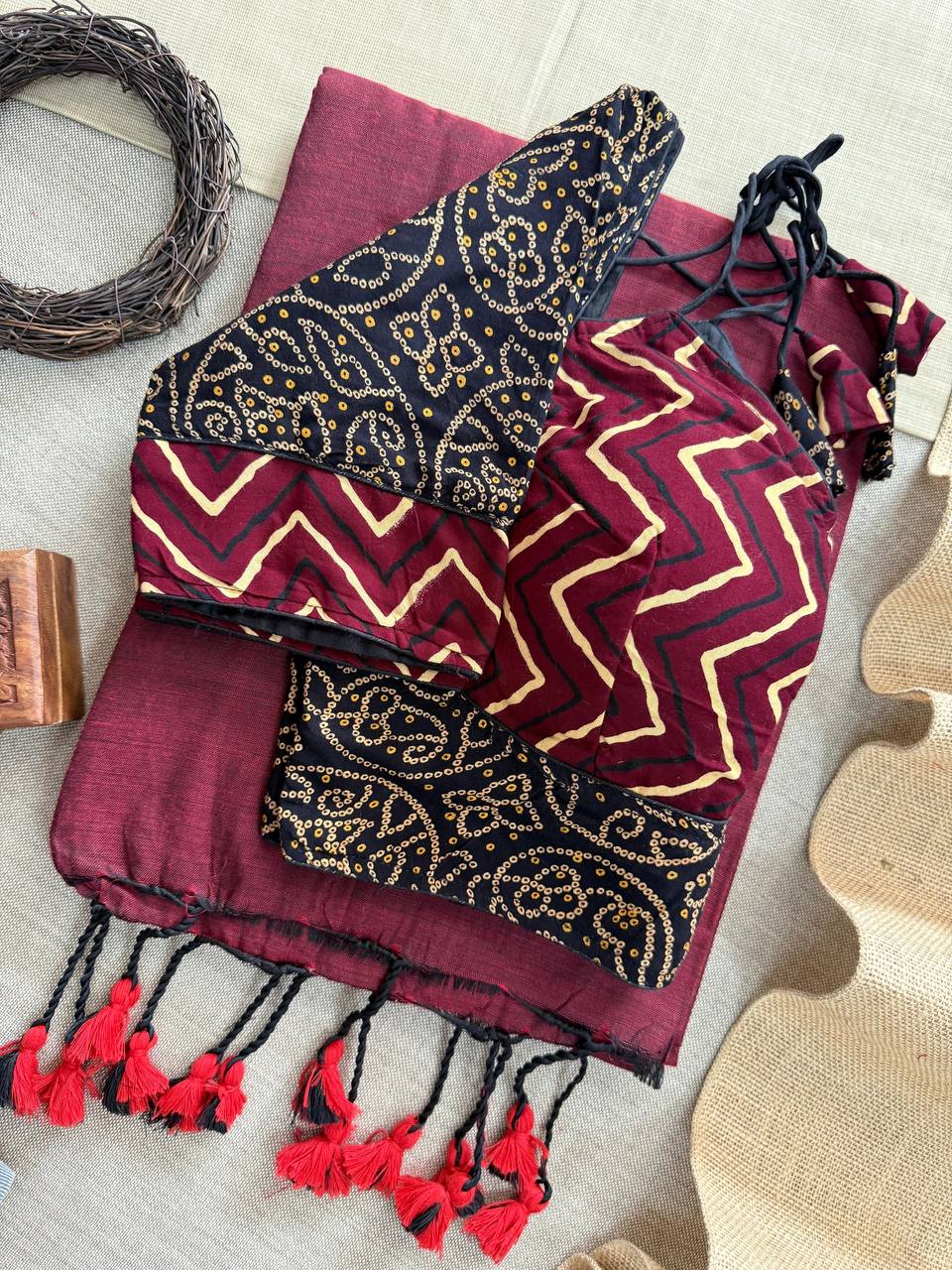Khadi Cotton Ajrakh Saree with Designer Blouse