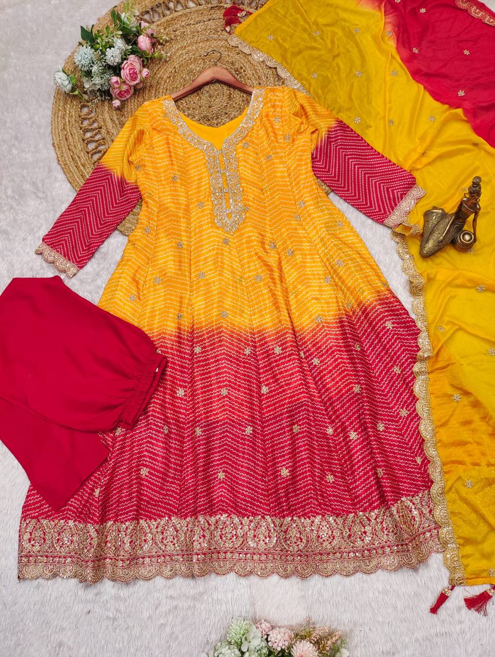 Red & Yellow bandhi tie-dye suit