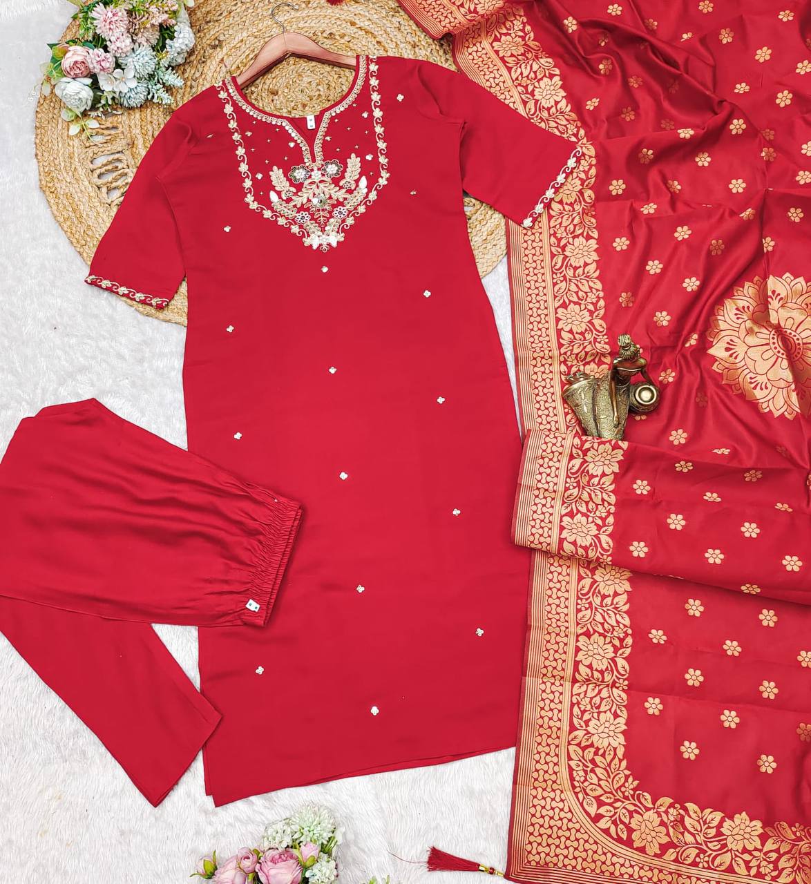 Red Roman Silk Zari Work Kurta & Pant set!