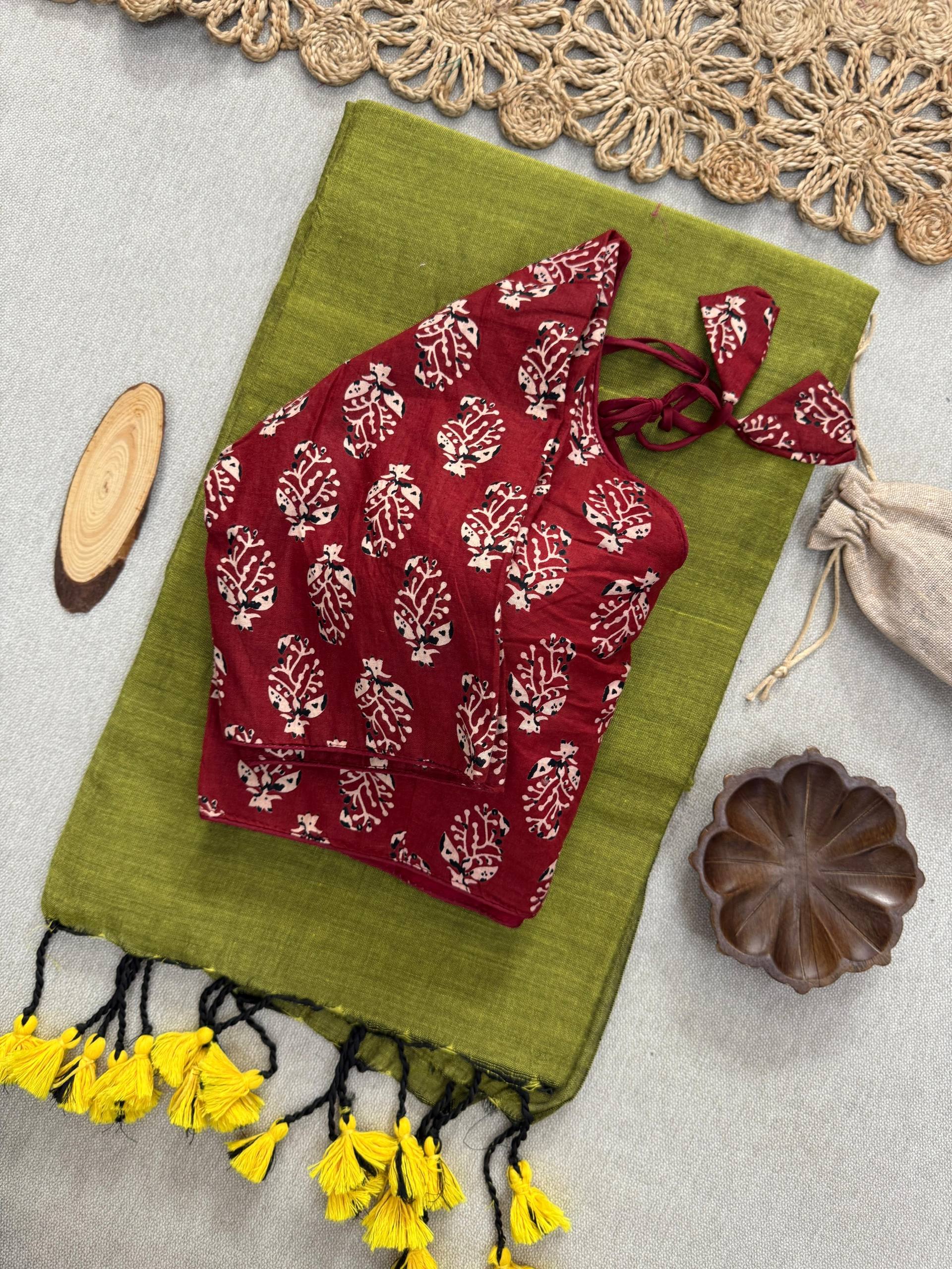 Elegant Khadi Cotton Saree with Heavy Embroidery Blouse