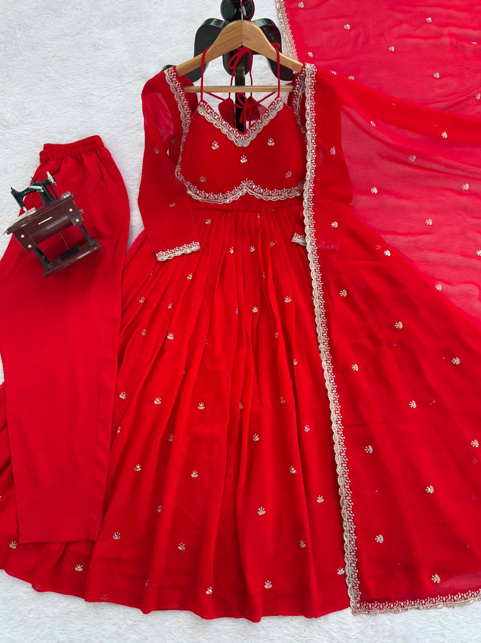 Red chili slit Anarkali Kurta Set Premium Suit Set | Festive & Party Wear