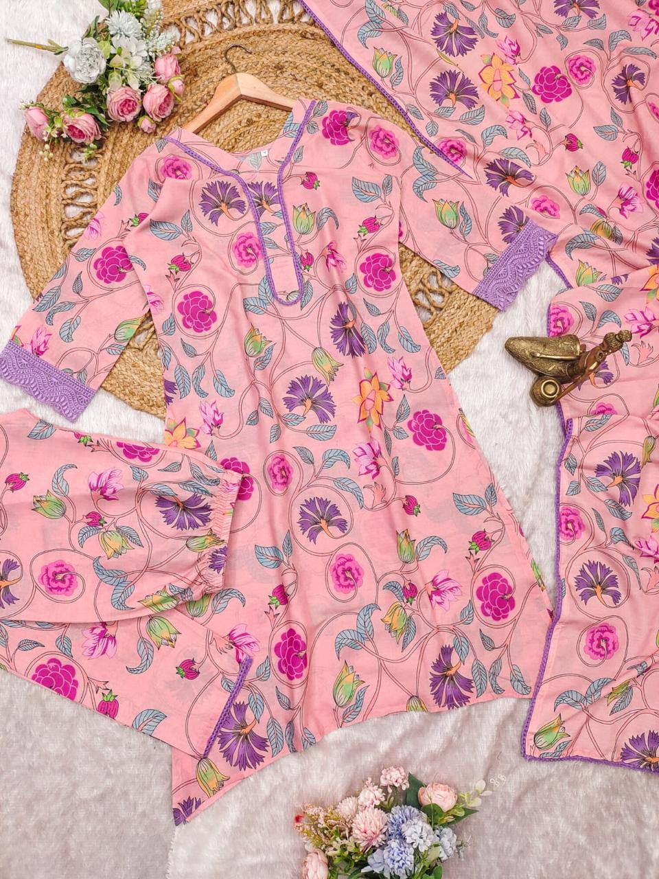 Grace Meets Comfort – Abstract Pink Floral Suit Set