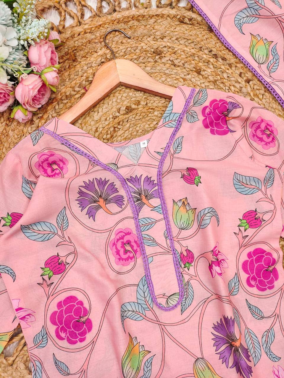 Grace Meets Comfort – Abstract Pink Floral Suit Set