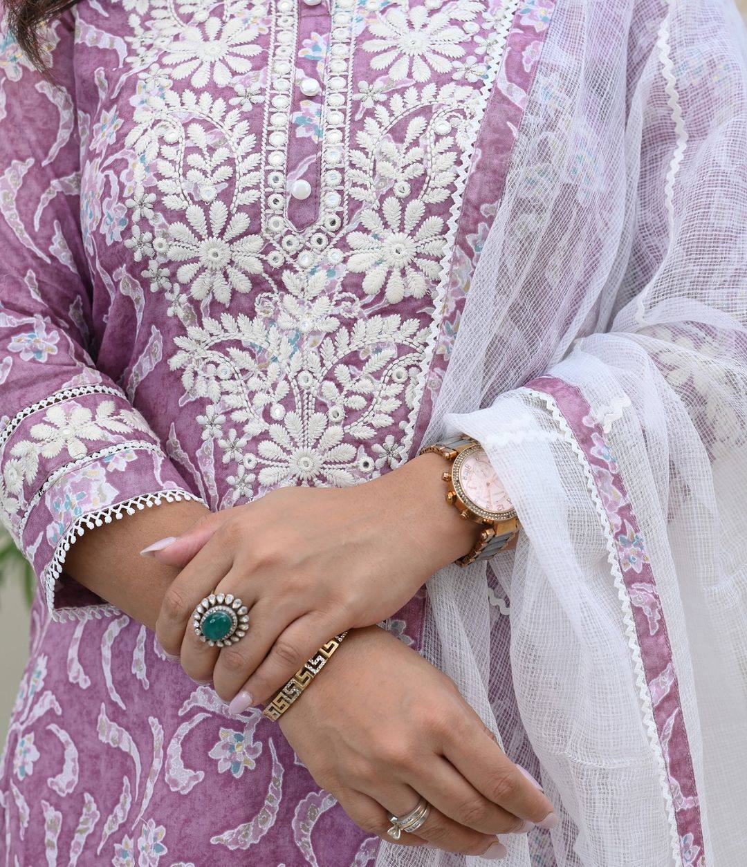 Mustard & Lilac Cotton Embroidery Work Kurta Set