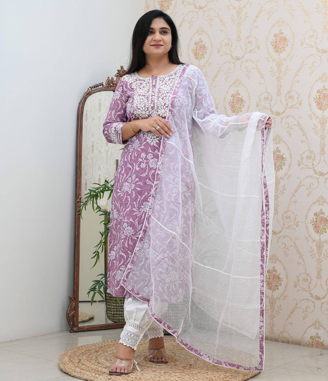 Mustard & Lilac Cotton Embroidery Work Kurta Set